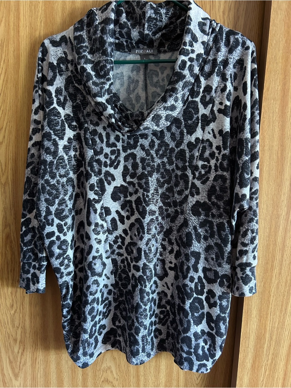 Roz & Ali Black and Gray Leopard Cowl Neck Pullover